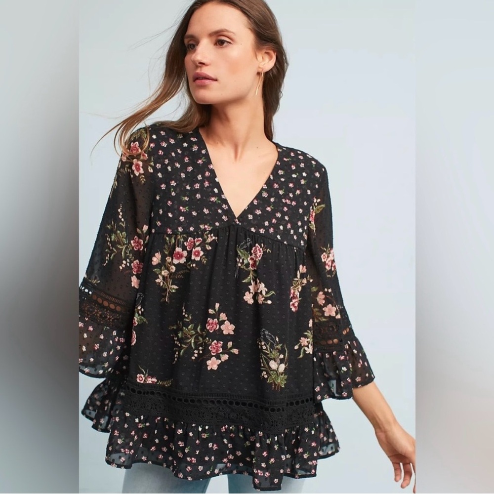 Maeve Black Floral V-Neck Boho Peasant Blouse with decorative flare sleeves S